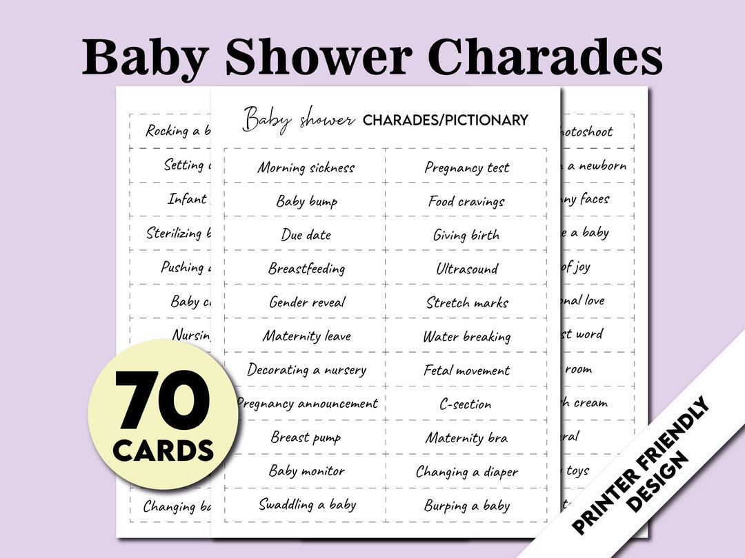 Printable Charades Game for Baby Shower, 70 Action Charades Cards