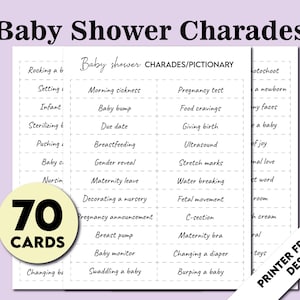 Juego de charadas imprimible para baby shower, 70 cartas de charadas de acción, Pictionary, juego de revelación de género en equipo, juegos grupales para baby shower, rompehielos