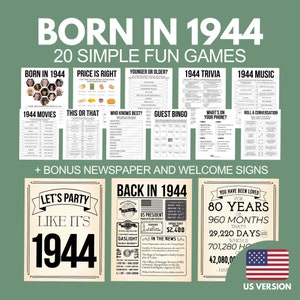 80th Birthday Games Bundle, Born in 1944 Party Games, Printable 80th Birthday Party Activities Men Women, 1944 Newspaper Poster, 1944 Trivia
