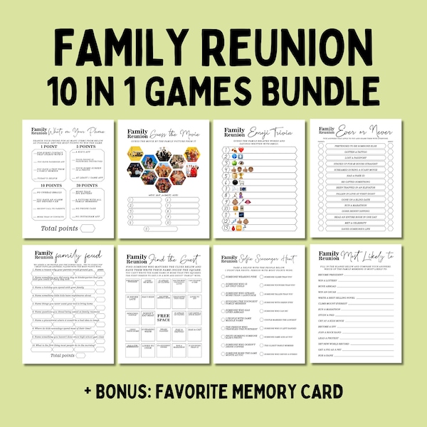 Family Reunion Games Bundle, Fun Icebreaker Games Activity Ideas For Adults and Kids, Bingo, Trivia, Family Feud, Emoji Pictionary and more