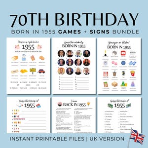 Paquete de juegos para el 70.° cumpleaños, decoraciones para fiestas de 1955, actividades para fiestas de 70.° cumpleaños para hombres y mujeres, póster de periódico del Reino Unido de 1955, trivia de 1955
