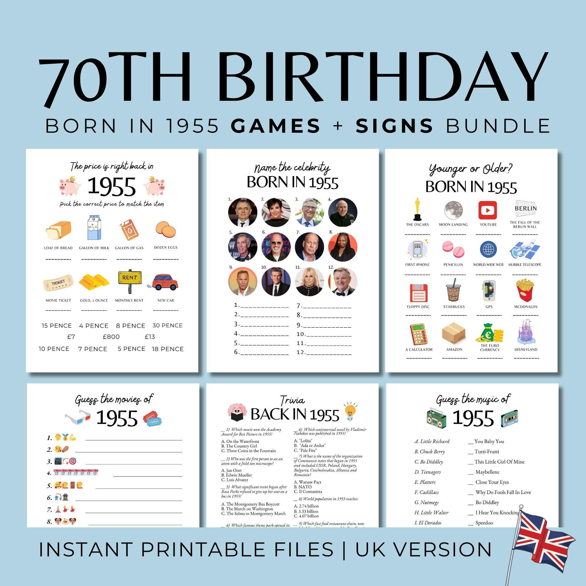 70th-birthday-games-bundle-born-in-1955-party-decorations-70th-birthday-party-activities-men-women-uk-1955-newspaper-poster-1955-trivia-etsy for Free Printable 70th Birthday Party Games 70th Birthday Games Bundle, Born in 1955 Party Decorations, 70th Birthday Party Activities Men Women, UK 1955 Newspaper Poster, 1955 Trivia - Etsy for Free Printable 70th Birthday Party Games