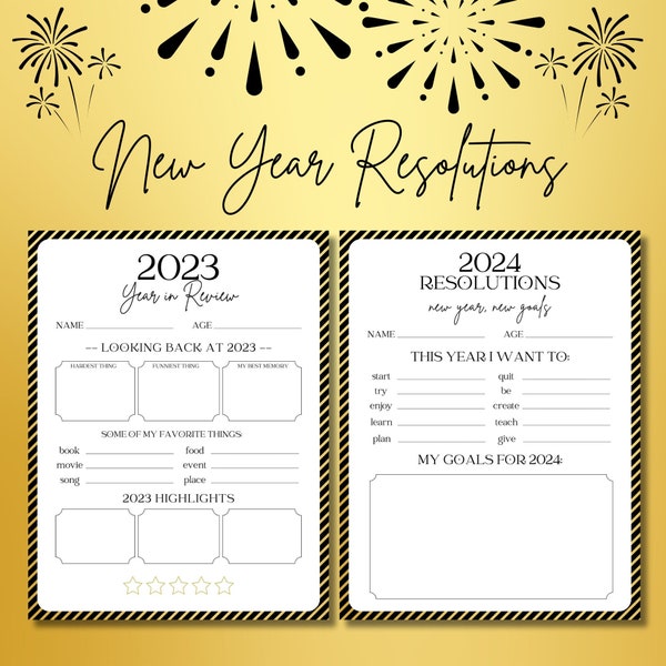 New Years Resolution, 2023 Year In Review, New Years Party Favor Activity for Kids and Adults, Time Capsule Year Reflection Cards 2023 2024