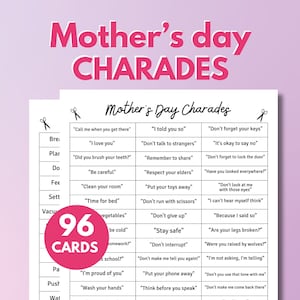 Jeu de charades pour la fête des mères, 96 cartes d'action amusantes, jeu de famille à imprimer pour tous les âges, jeu de rôle ou dessin animé, images illustrées pour la fête des mères
