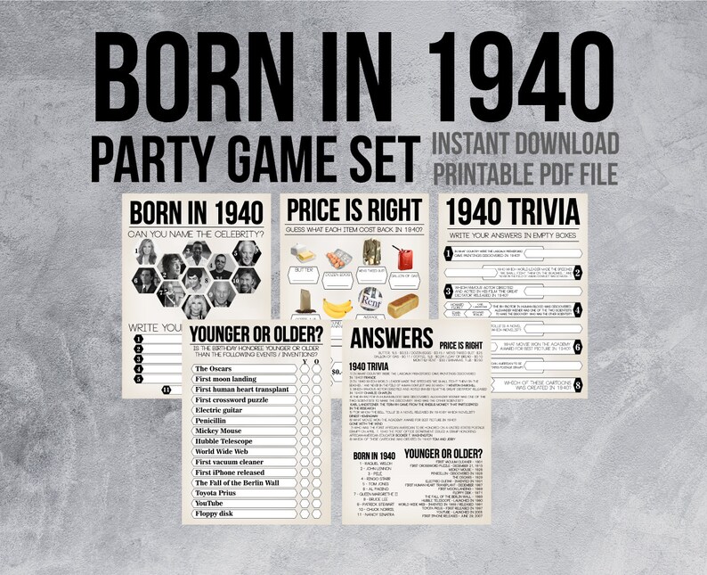 Trivia Quiz Price is Right Born in 1940 1940 Trivia Games Turning 80 Party Name the Celebrity 80th Birthday Party Games Printable
