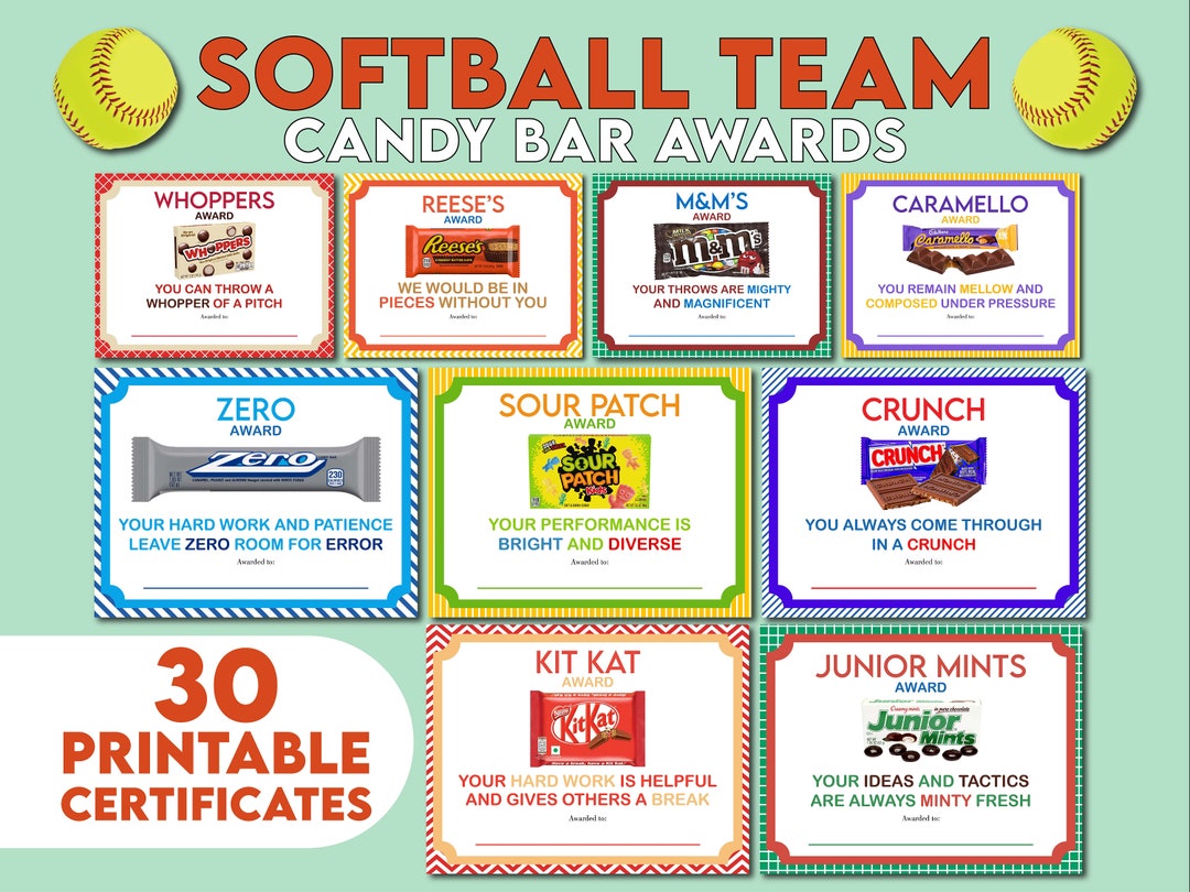 30 Softball Candy Bar Award Certificates Printable Softball Team Award