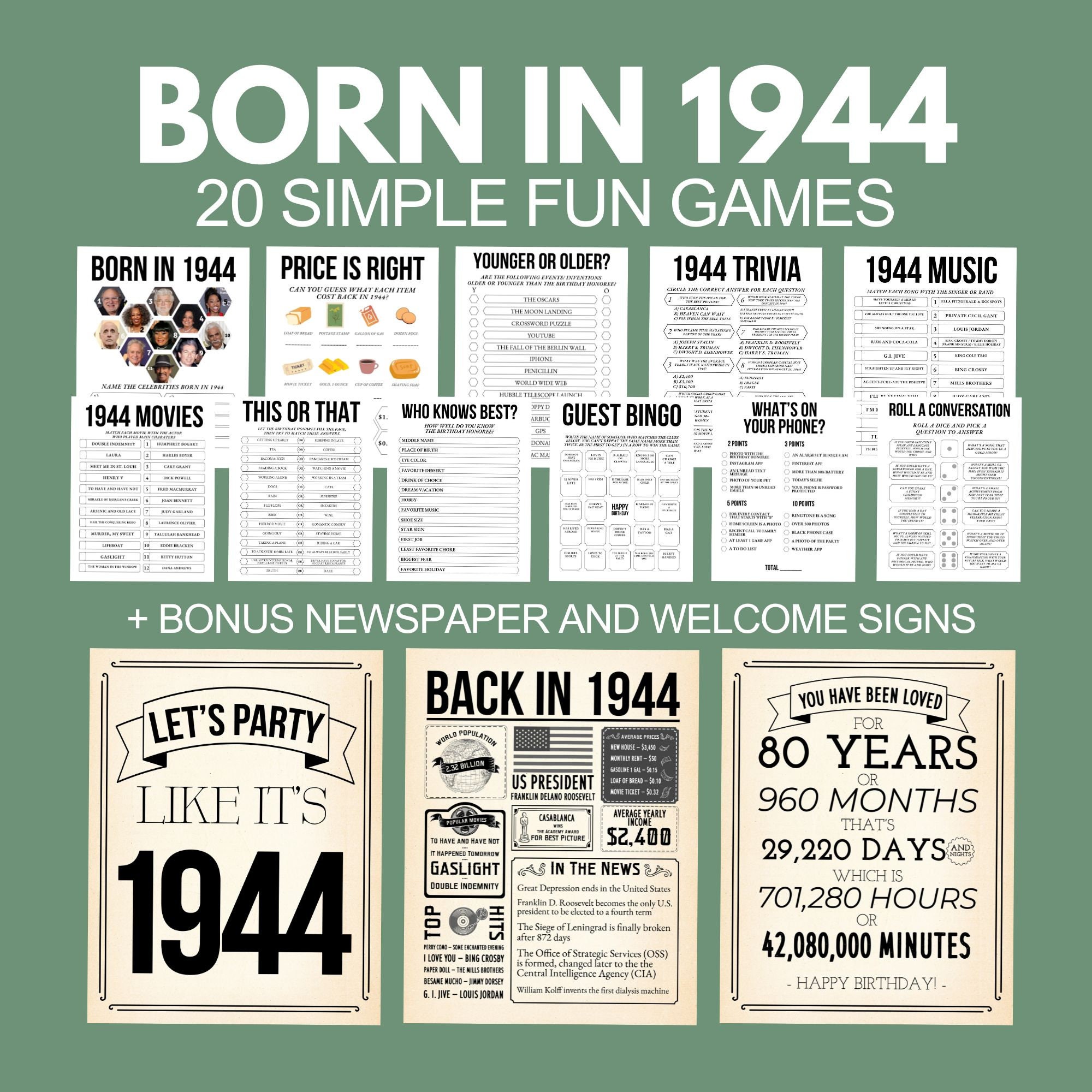 80th Birthday Games Bundle, Born in 1944 Party Games, Printable 80th  Birthday Party Activities Men Women, 1944 Newspaper Poster, 1944 Trivia -  Etsy