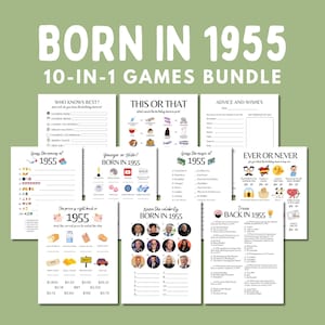 Geburtstags-Partyspiele-Bundle, geboren 1955, lustige druckbare Gesellschaftsspiele für Erwachsene, Ideen zum 70er-Geburtstag, Quiz für Männer und Frauen