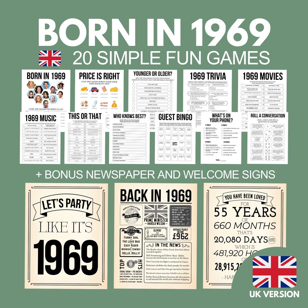 55th Birthday Party Games Bundle, Born in 1969 Trivia, British 1969 ...