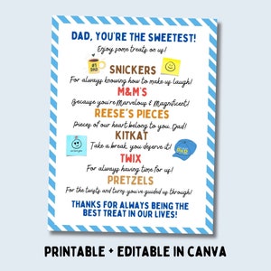 Póster de barra de caramelos Feliz Día del Padre editable en Canva, Ideas de regalos para el Día del Padre, Regalo de caramelos de agradecimiento de los niños, Etiqueta de regalo imprimible para papá