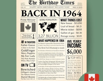 60th Birthday Gift for Dad or Mom, Back in 1964 Newspaper Poster Canada, 60th Party Decorations, 60th Birthday Gift for Him, Gift for Her