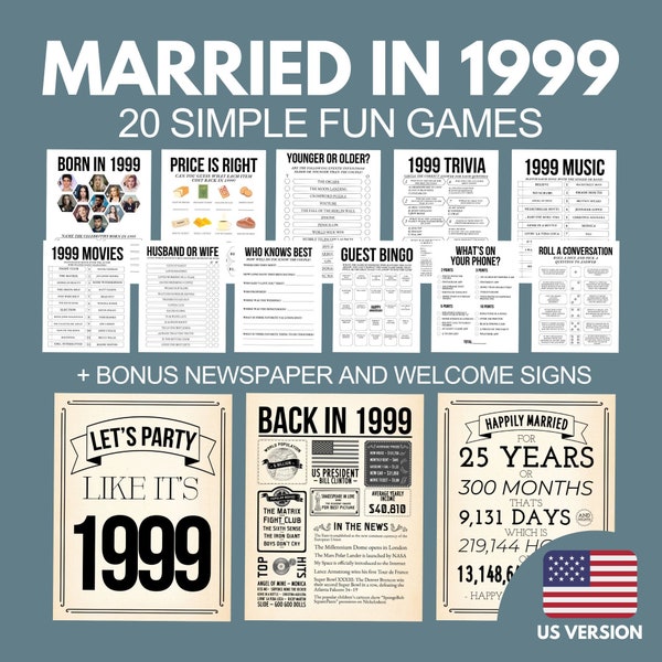 25th Anniversary Games Bundle, Married in 1999 Party Games, 25th Wedding Party Games and Activities, 1999 Newspaper Poster, 1999 Trivia Quiz