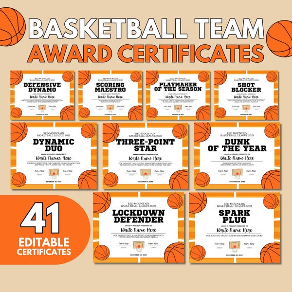 Basketball Award Certificates Editable in Canva, End of Season Basketball Team Award Ceremony Certificates, Game Participation Gifts Party