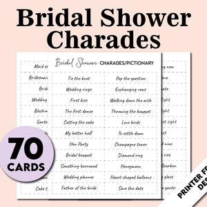 Juego de charadas imprimible, 70 cartas de charadas de acción, Pictionary, Juego de despedida de soltera por equipos, Noche de juegos para despedidas de soltera, Juegos para grupos de novias
