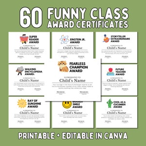 Funny Classroom Awards Certificates Editable in Canva, End Of School Year Achievement Award, Students Gift, Class Superlatives Teacher Gift