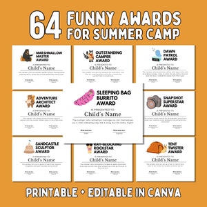 Certificados divertidos de premios de campamentos de verano editables en Canva, Premio al logro del campamento, Regalo de campistas, Superlativos de campamento, Certificados de ceremonia de campamento