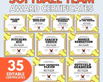 Softball Team Award Certificates Editable in Canva, End of Season Softball Award Ceremony Certificates, Softball Participation Gifts Party