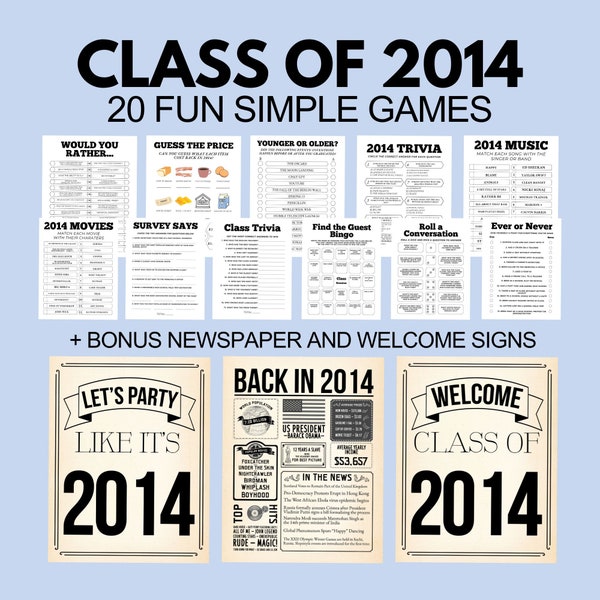 10th Class Reunion Games Bundle, Class of 2014 Fun Ice Breaker Games for Your High School Reunion Party, Bingo, Find The Guest, Class Trivia