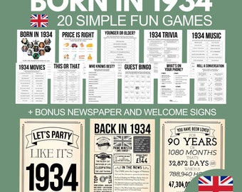 90th Birthday Party Games Bundle, Born in 1934 Trivia, 90th Birthday Party Activities Men Women, UK 1934 Newspaper Poster, Born 1934 Quiz