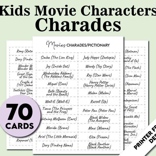 Printable Charades Game, 70 Kids Movie Characters Pictionary, Group Family Team Game for Kids and Adults, Family Movie Game Night Charades