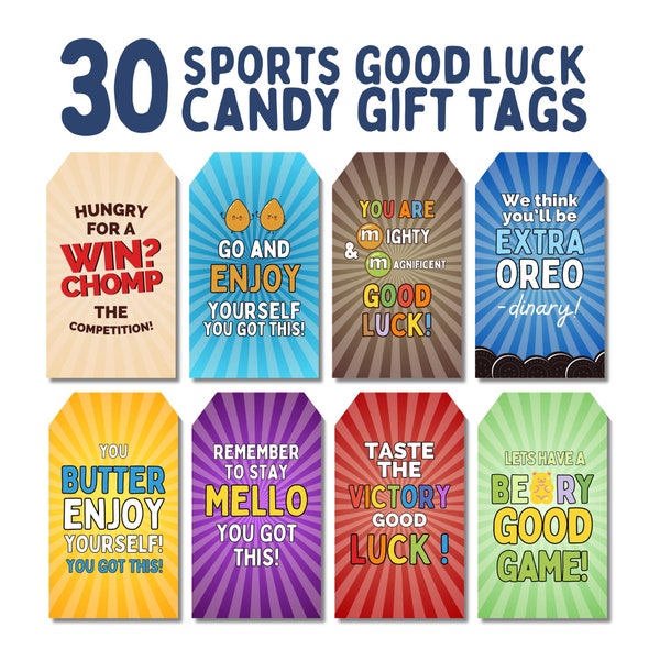 Sports Candy Bar Gift Tags Bundle, 30 Sports Good Luck Game Day Treat Tags, Candy Bar Sayings for Athletes, Sport Team Cheer Favor Tags