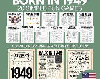 75th Birthday Games Bundle, Born in 1949 Party Games for Him Her, 75th Birthday Party Activities Men Women, 1949 Printable Newspaper Poster
