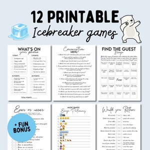 Bundel met ijsbrekerspellen, bingokaarten, poppenspel, voorgerechten diner, happy hour-spellen op kantoor, leuke afdrukbare vragen ijsbreker