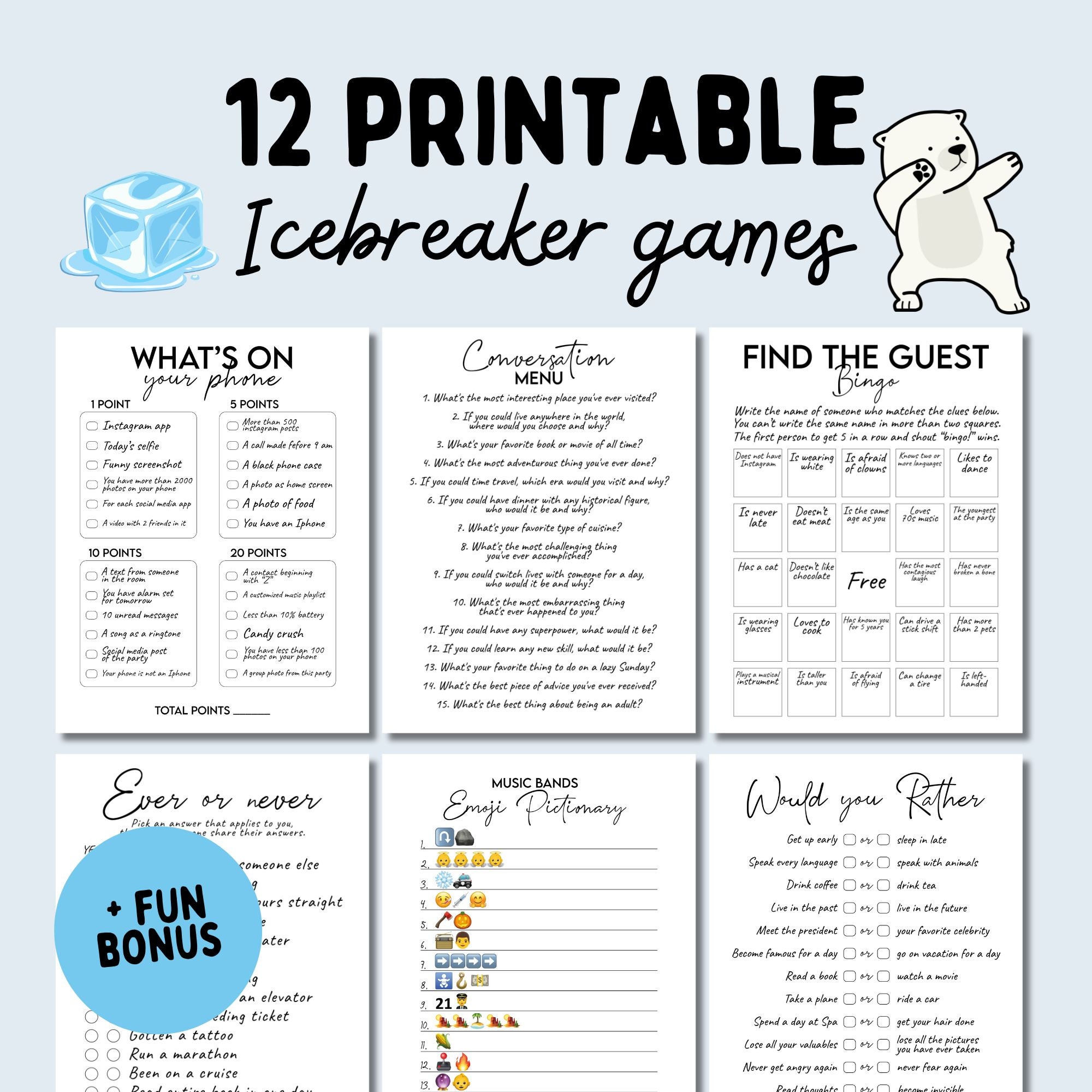 Icebreaker Games Bundle Bingo Cards Charades Dinner Conversation Starters Office Happy Hour Games Fun Printable Ice Breaker Questions Etsy