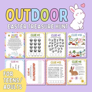 Búsqueda del tesoro de Pascua al aire libre con pistas difíciles para adolescentes y adultos, pistas de búsqueda del tesoro de huevos con acertijos divertidos, sala de escape de Pascua