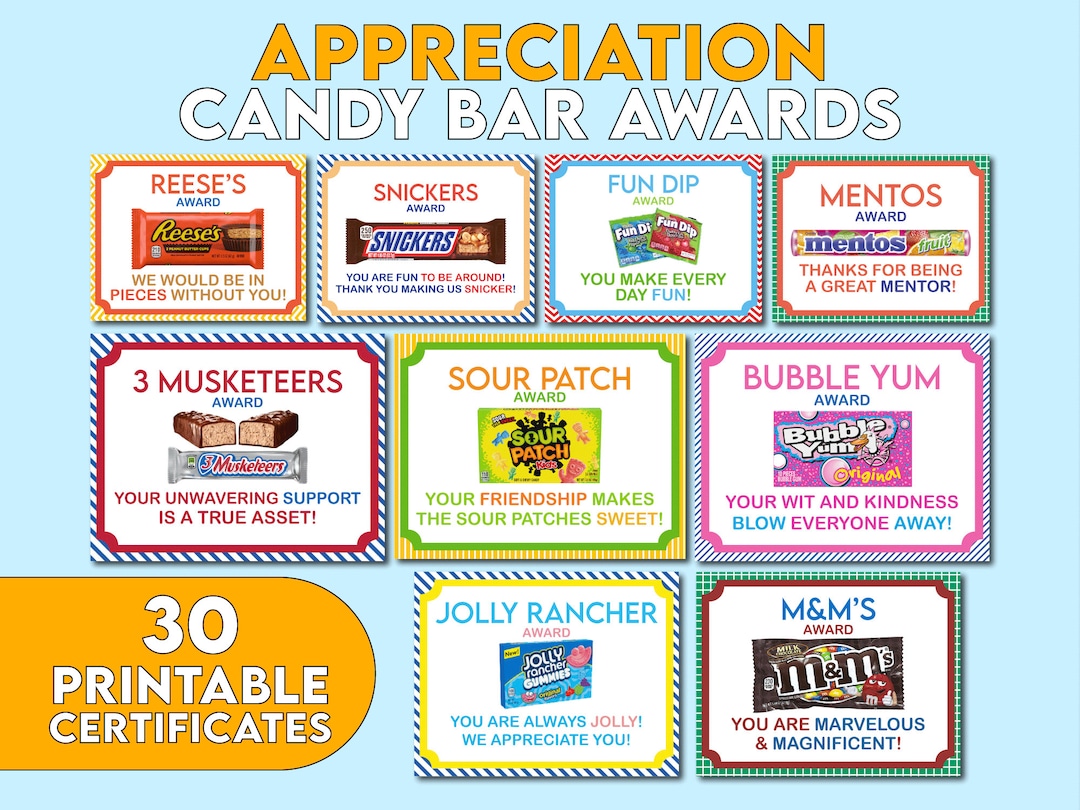 30 Candy Bar Awards Certificates, Candy Bar Awards for Colleagues