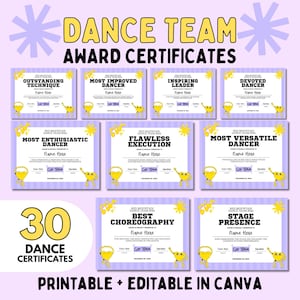 Canvaで編集可能なダンスチーム表彰状、シーズン終了ダンスチームパーティー表彰式証明書、参加賞ギフト