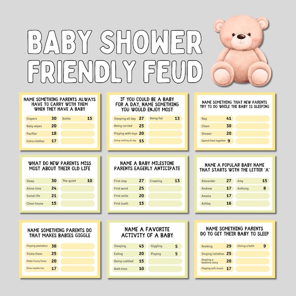 Baby Shower Family Feud Game - Fun Gender Reveal & Babyshower Activity, Baby Trivia Top Answers, Baby Shower Charades and Pictionary Game