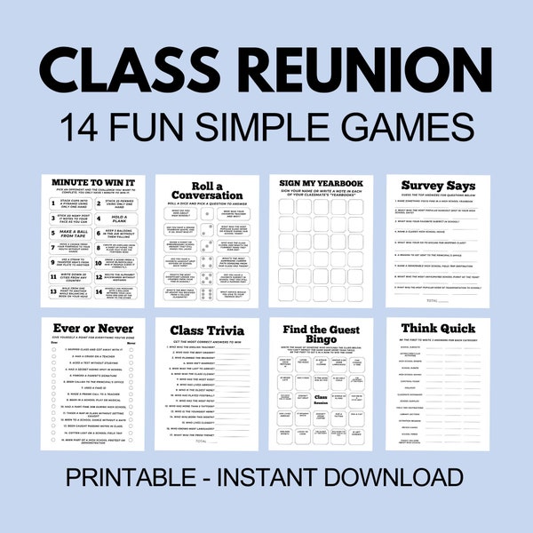 Class Reunion Games Bundle, Fun Ice Breaker Games for Your High School Reunion Party, Class Reunion Bingo, Find The Guest, Class Trivia