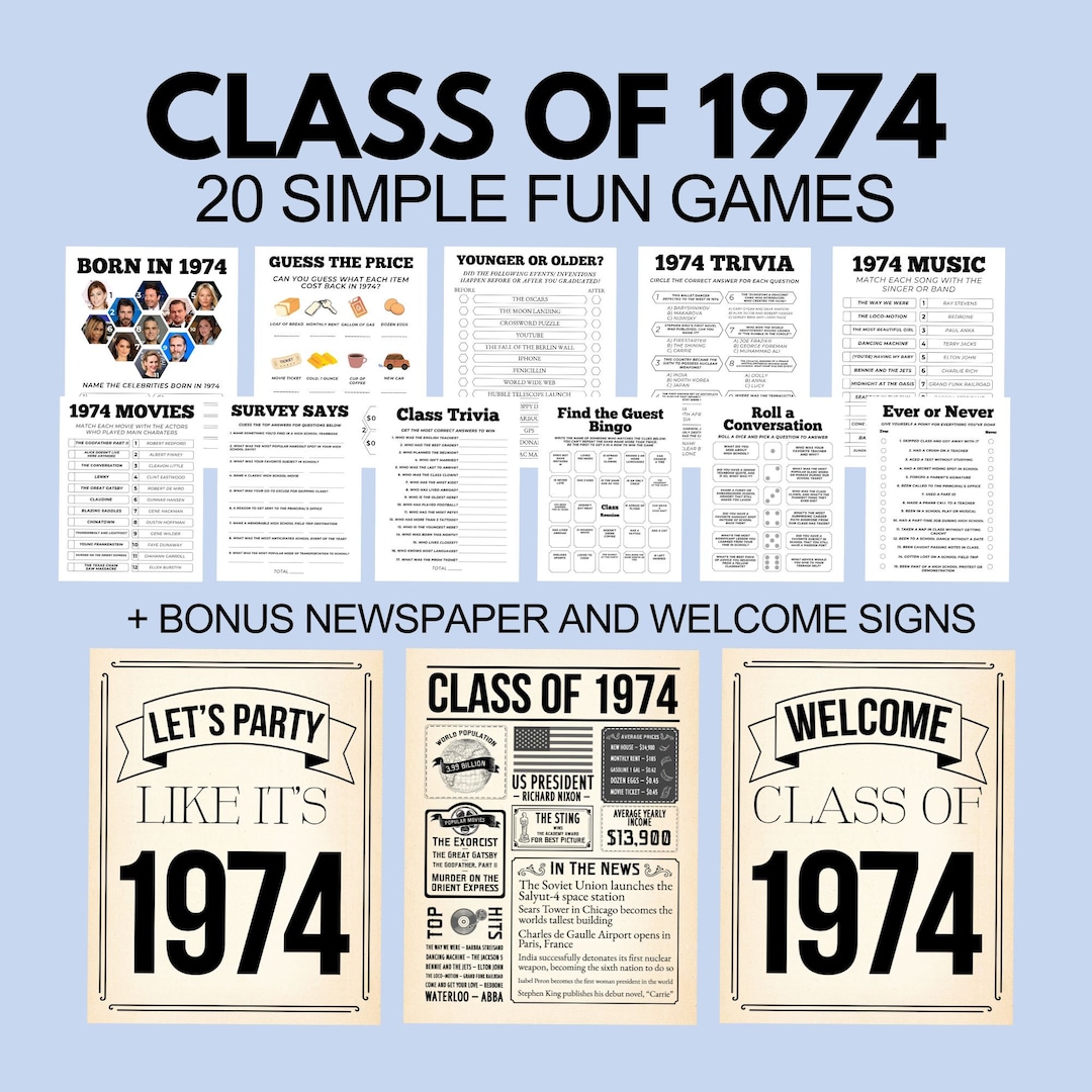 50th Class Reunion Games Bundle, Class of 1974 Fun Ice Breaker Games