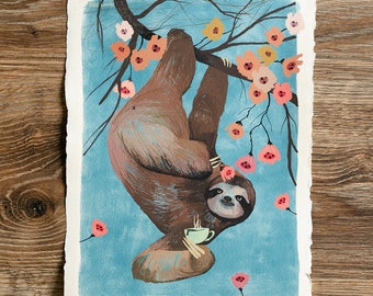 A4 / A3 Artistic Print: Cute lazy sloth with coffee