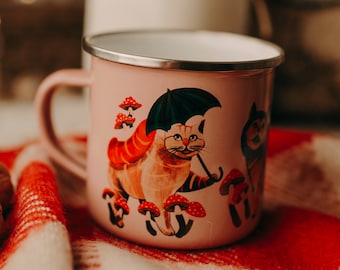 Pink enamel mug with cats&mushrooms