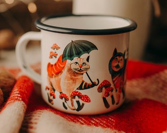 White enamel mug with cats