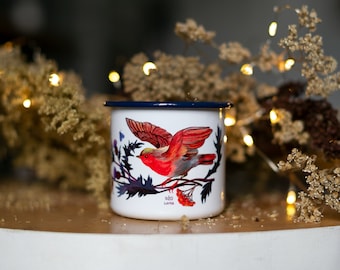 Enamel mug Bird wit autumn sprigs 250ml