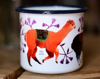 Enamel mug white alpacas