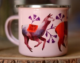 Enamel mug pink alpacas