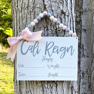 Girl Hospital Door Hanger Birth Name Sign Pink Gray and White Nursery Name Sign Birth Stats Sign Baby Announcement Sign Baby Girl Gift