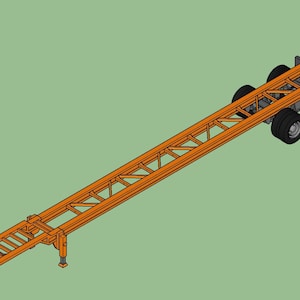 Puede incluir: Un chasis de remolque de metal naranja con un marco en forma de escalera y cuatro ruedas negras. El remolque está desacoplado de un camión y está sentado sobre un fondo verde.
