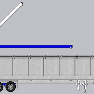 May include: A white and blue grain auger with a long, telescopic boom. The auger is attached to a grey grain trailer with a large, rectangular body and multiple compartments. The trailer has a set of wheels and a rear axle.