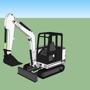 May include: A white and black compact excavator with a black cab and a black bucket. The excavator is on a green background.