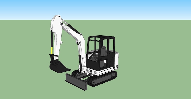 May include: A white and black compact excavator with a black cab and a black bucket. The excavator is on a green background.