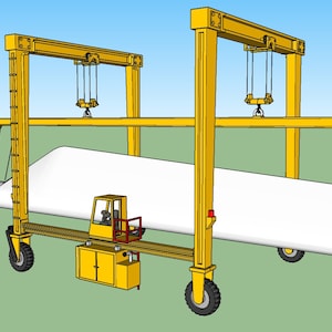Op de afbeelding: Een gele portaalkraan met twee sets hefbalken en een wit, cilindrisch object dat wordt opgetild. De kraan staat op wielen en heeft een kleine gele vorkheftruck in het midden.