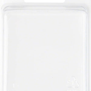 May include: A clear, transparent plastic clamshell package with a rectangular compartment and a hanging tab. The package has rounded corners and a recycling symbol with the letters "PETE" printed on the lower right corner.