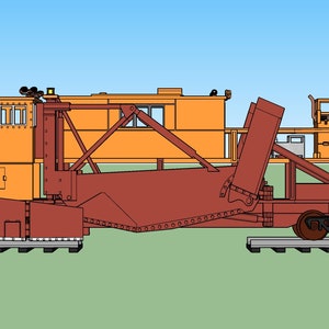 May include: A side view of an orange and red snow plow train car. The car has a large plow blade and a cab with windows. The car is on a set of tracks.