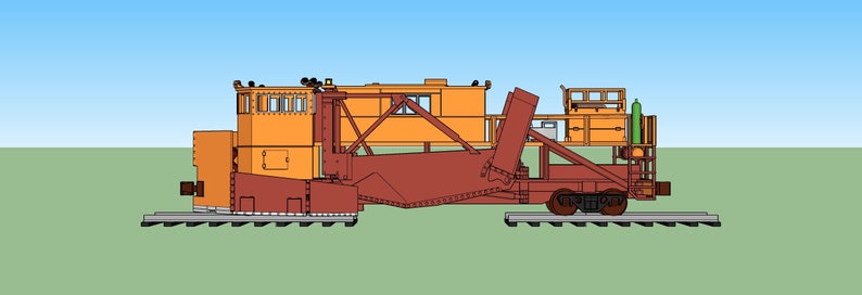 May include: A side view of an orange and red snow plow train car. The car has a large plow blade and a cab with windows. The car is on a set of tracks.