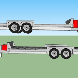 May include: A white trailer with a red safety light on the front. The trailer has two sets of wheels and a flatbed.
